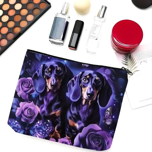 Cosmetic Bag Makeup Dachshund Dog Flowers Clutch Pouch Travel Storage Weiner NEW - Picture 2 of 3